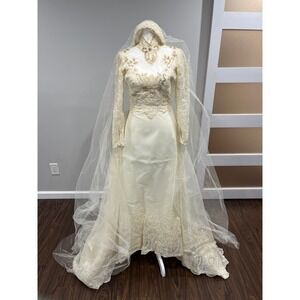 Vintage 80s Victorian Piccione Wedding Dress Priscilla of Boston Juliet cap veil